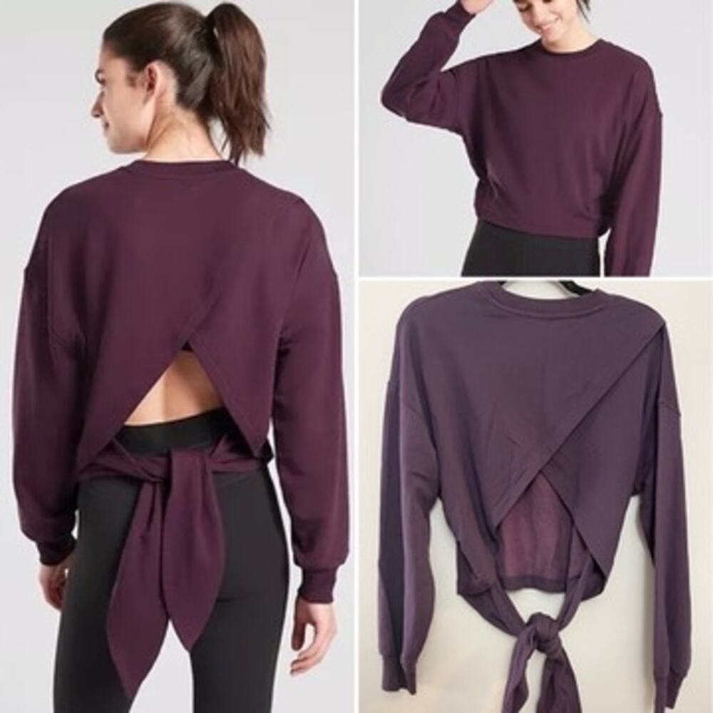 Athleta Athleisure Cozy Agate Purple Plum Pranayama Yoga Tie Back Sweatshirt S/M